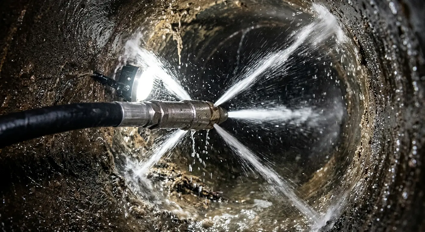 High-pressure hydro jetting nozzle cleaning sewer pipe for Trenchless Sewer Repair in Dolton