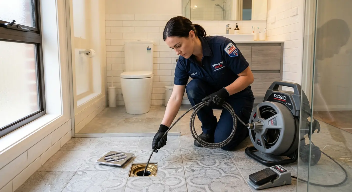 Technician clearing a bathroom floor drain for Sewer Line Installation in Dolton